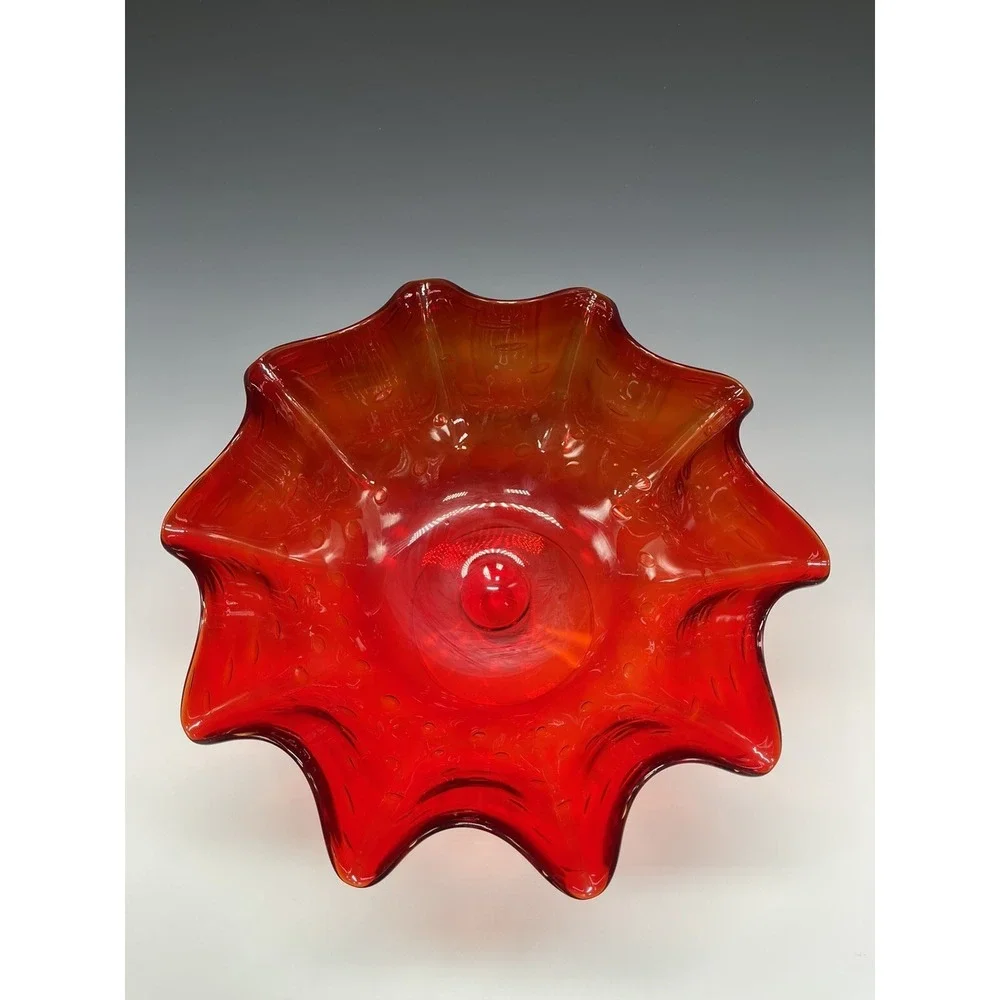 Vtg Bischoff Amberina Ruffled‎ Compote Bowl Bubbles Glass Clear Stem Banana Boat